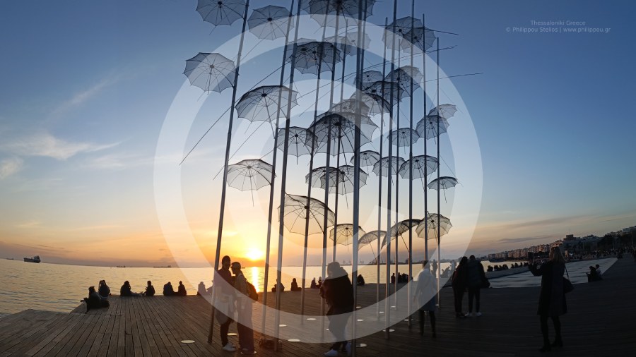 Umbrellas in the Sky: Sunset at Thessaloniki's New Waterfront, Desktop Wallpaper 3840X2160